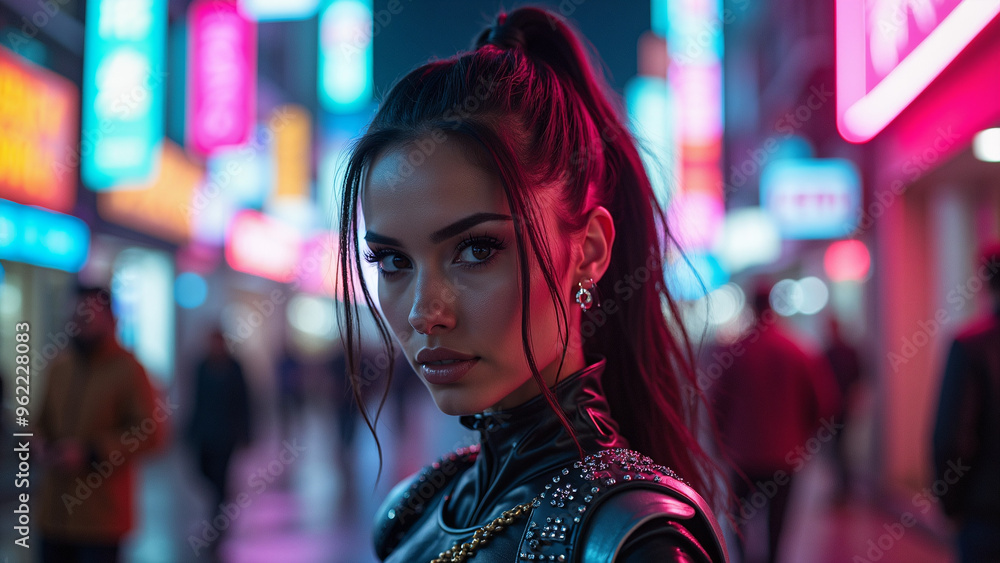 Incredibly beautiful girl in cyberpunk style with Japanese signs on the background. Neon style Incredibly beautiful girl in cyberpunk style with Japanese signs on the background. Neon style