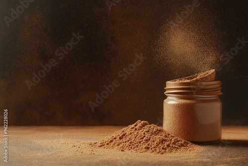 Cinnamon spice jar opened with copyspace, fragrant powder spilling onto the counter. photo