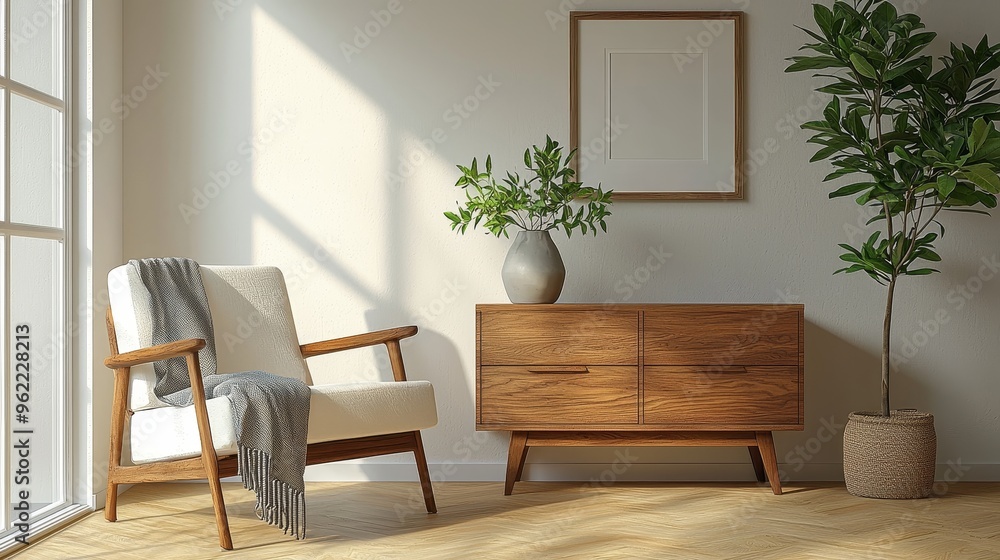 Fototapeta premium MidCentury Modern Living Room White Chair Wooden Cabinet Plant and Sunlight Streaming Through Window