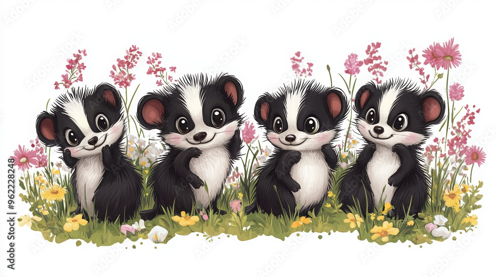 Fototapeta premium badger cartoon animal cute animal animal illustration wildlife cartoon grass nature illustration woodland creature playful badger black and white animal 