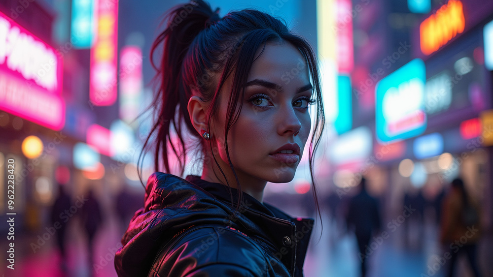 Incredibly beautiful girl in cyberpunk style with Japanese signs on the background. Neon style Incredibly beautiful girl in cyberpunk style with Japanese signs on the background. Neon style