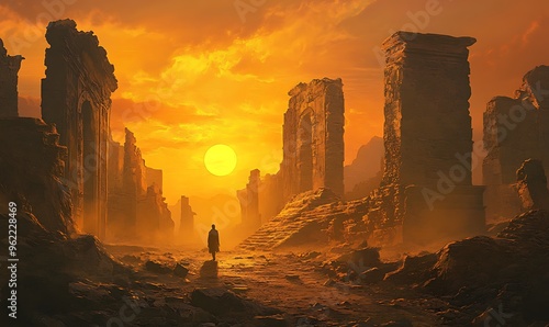 Solitary Figure Walking Through Ruined Cityscape at Sunset