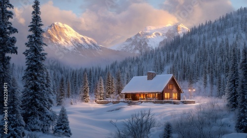 A cozy cabin nestled in a snowy mountain forest at sunset. photo