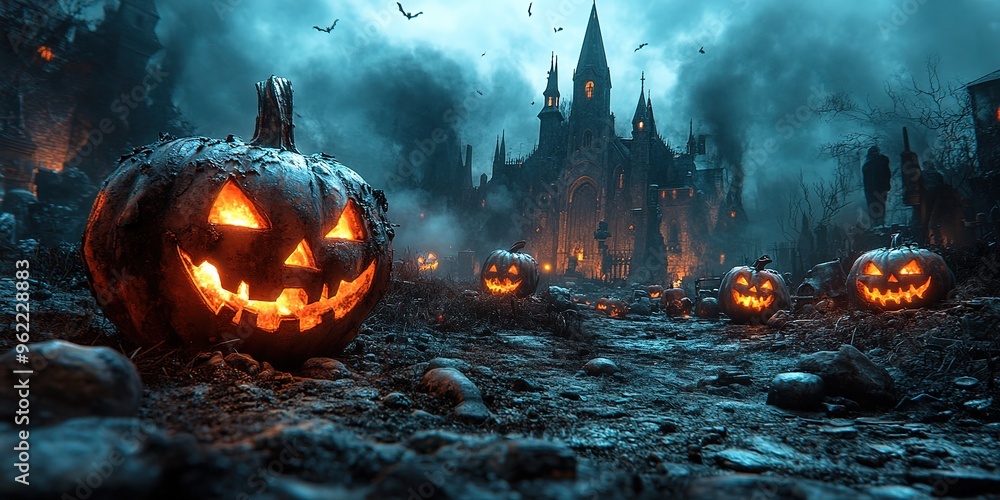 Abandoned scary house near the cemetery in the forest with pumpkins, a full moon, bats and fog. Pumpkins In Graveyard In The Spooky Night, Halloween Backdrop Abandoned scary house near the cemetery in the forest with pumpkins, a full moon, bats and fog. Pumpkins In Graveyard In The Spooky Night, Halloween Backdrop