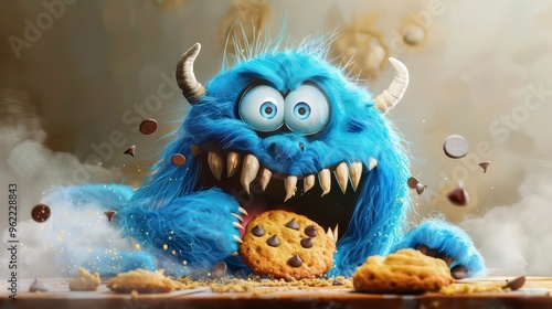 A blue furry monster with horns and big eyes is eating a chocolate chip cookie. photo