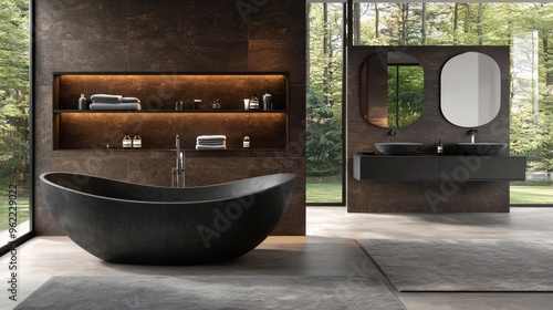 Modern Minimalist Bathroom Black Freestanding Tub Against Forest View Grey Rug Dark Tiles Minimalist Sink