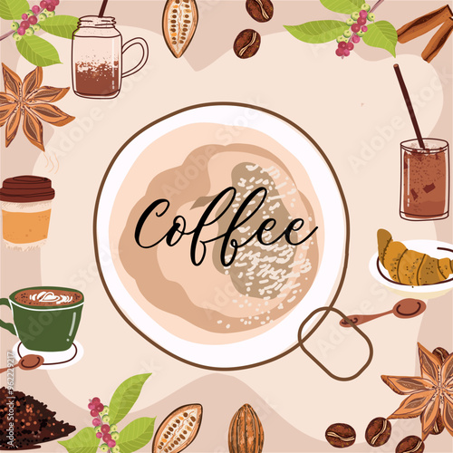 Background, frame, template about coffee, coffee aesthetics, accessories, symbols and devices. Hand drawn vector illustration, space for text as coffee cup top view.