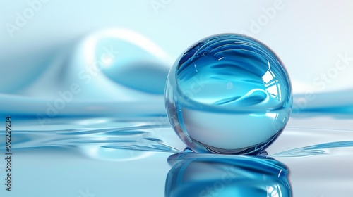 A transparent crystal sphere rests on a rippled water surface, capturing fluid reflections and a serene atmosphere. The image highlights purity and calmness, making it perfect for themes of clarity