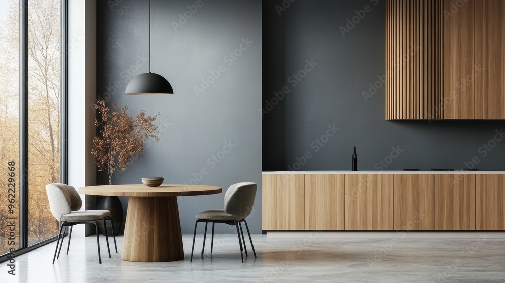 chic dining area featuring a round table, eclectic chairs, and a bold pendant light, showcasing a modern minimalist design aesthetic chic dining area featuring a round table, eclectic chairs, and a bold pendant light, showcasing a modern minimalist design aesthetic