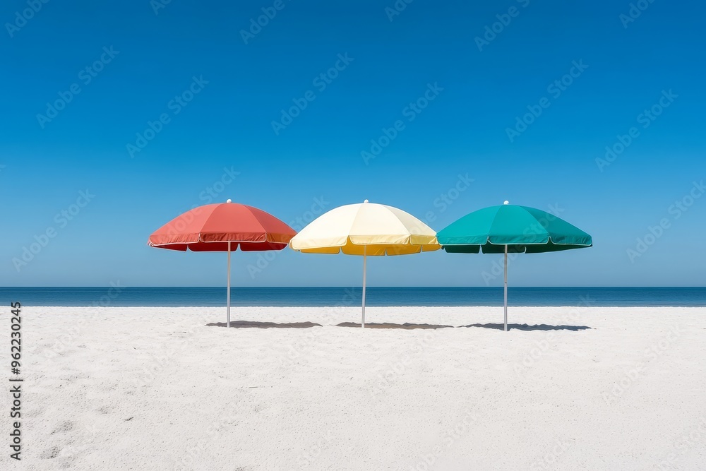 Three colorful beach umbrellas stand on a white sandy beach, under a bright blue sky. The umbrellas symbolize summer, relaxation, vacation, and the joy of being outdoors. Three colorful beach umbrellas stand on a white sandy beach, under a bright blue sky. The umbrellas symbolize summer, relaxation, vacation, and the joy of being outdoors.