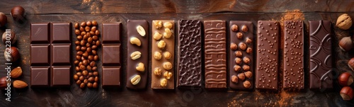 Many different types of chocolates and nuts on a table, world chocolate day photo