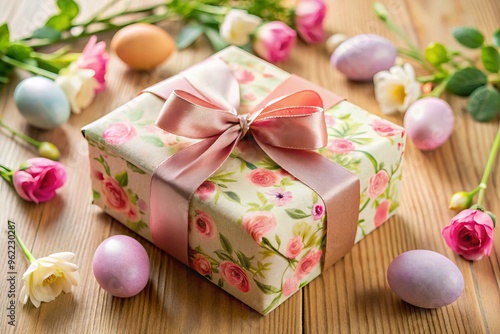 Handmade Easter Gift Box Wrapped Floral Ribbon Concept