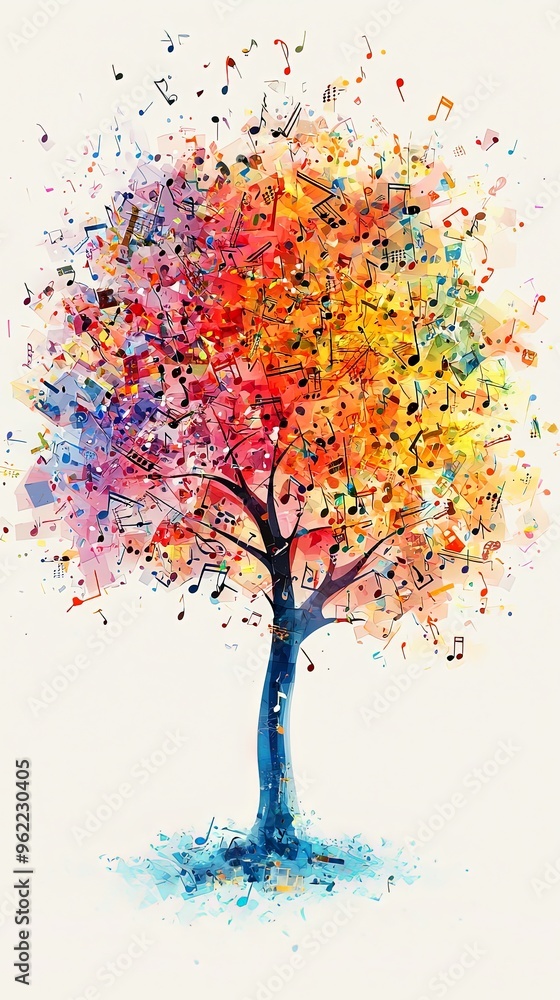 An abstract depiction of a tree with bright musical notes, presented in a vibrant spectrum of colors, symbolizing unity through artistic and natural elements. An abstract depiction of a tree with bright musical notes, presented in a vibrant spectrum of colors, symbolizing unity through artistic and natural elements.