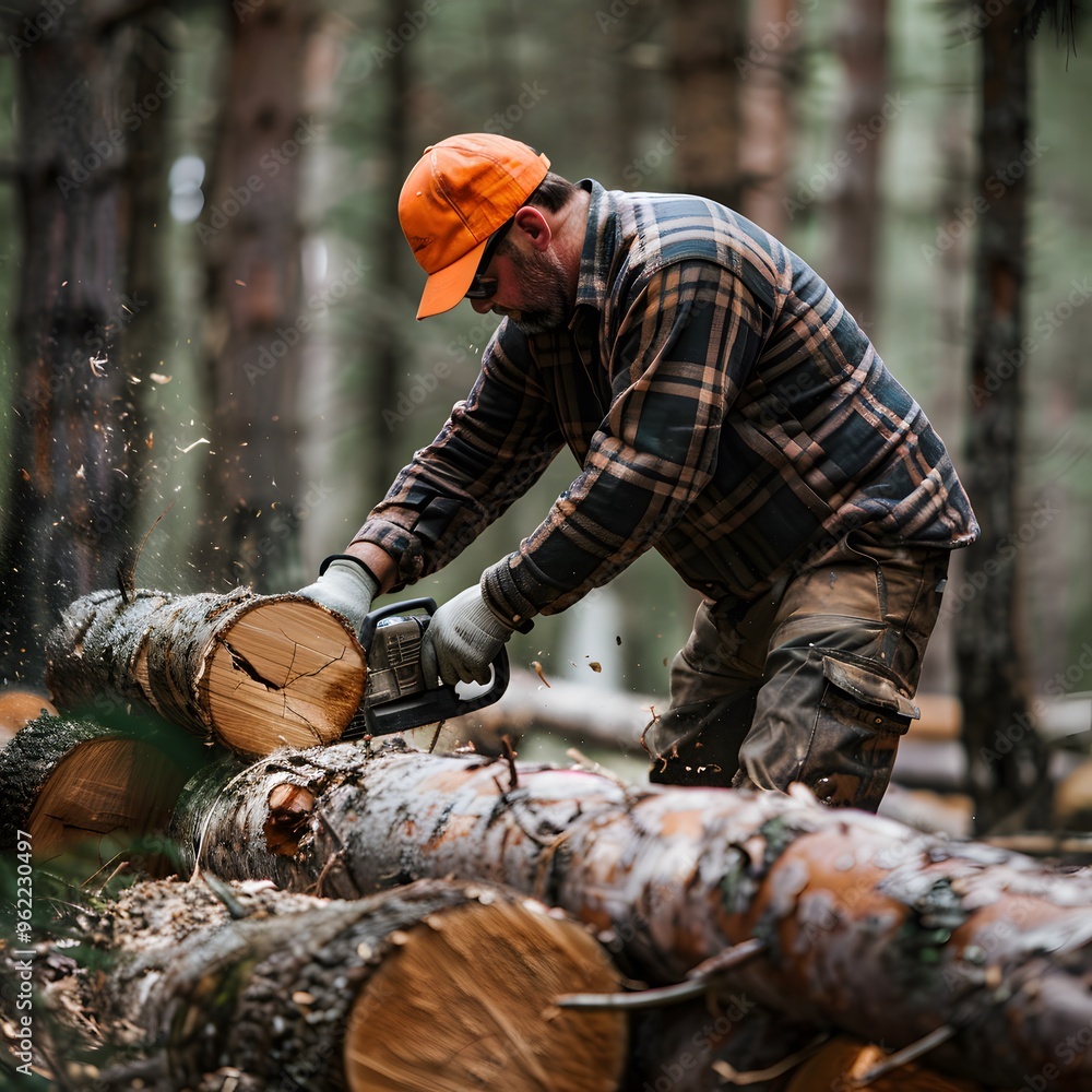 Lumberjack Cutting Logs with Chainsaw in Forest Lumberjack Cutting Logs with Chainsaw in Forest
