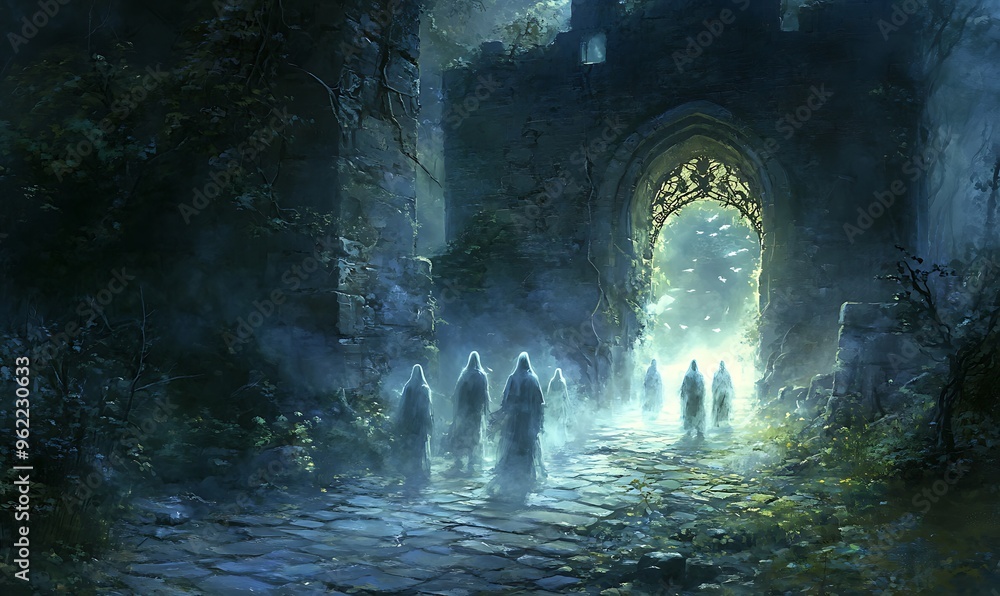 Ethereal Figures Approaching an Ancient Stone Archway Ethereal Figures Approaching an Ancient Stone Archway