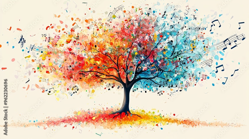 A vibrant tree with one side showing colorful leaves and the other half encircled by musical notes, symbolizing the duality and balance between nature and music. A vibrant tree with one side showing colorful leaves and the other half encircled by musical notes, symbolizing the duality and balance between nature and music.
