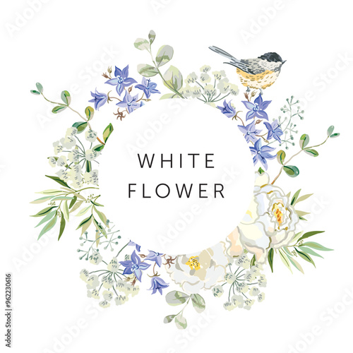 Rose flowers, bird, bellflowers, leaves, round frame, white background. Print for t shirt, poster, with text. Vector illustration. Floral arrangement. Design template greeting card