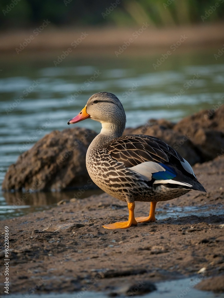 Spot-billed duck resting on the shore, with space for adding text or design. Spot-billed duck resting on the shore, with space for adding text or design.