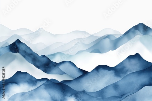 Minimal Blue Watercolor Mountain Landscape. Abstract Mountain Ranges in Blue Tones