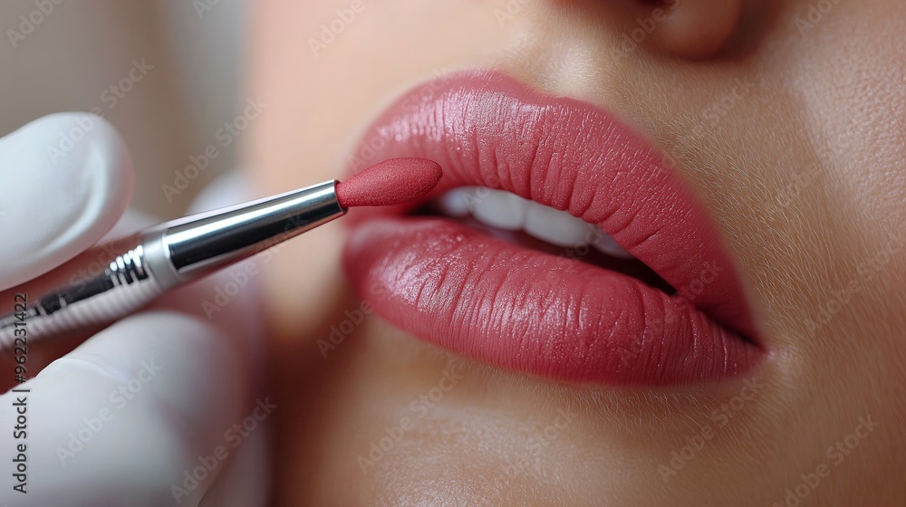 Fototapeta premium Mastering the Art of Applying Lipstick with Precision for Achieving Perfectly Shaped Lips