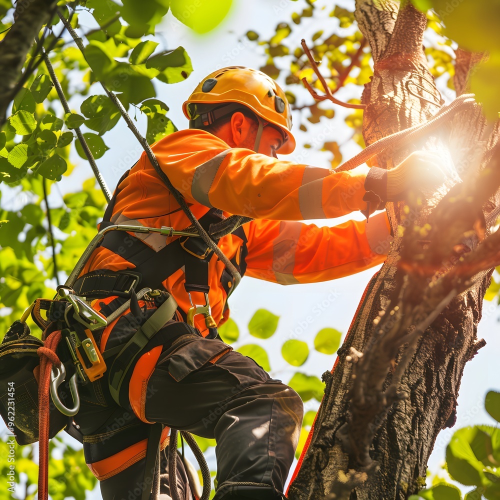 Arborist working on a tree with safety equipment Arborist working on a tree with safety equipment