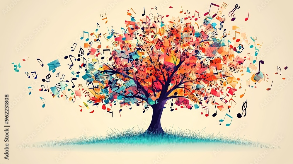 A tree with branches extending musical notes in various colors, blending the essence of music and nature into an abstract, colorful visual representation. It's lively and dynamic. A tree with branches extending musical notes in various colors, blending the essence of music and nature into an abstract, colorful visual representation. It's lively and dynamic.
