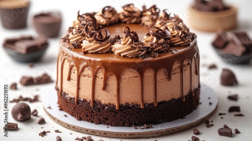 A layered chocolate birthday cake with a drizzle of caramel and chocolate curls