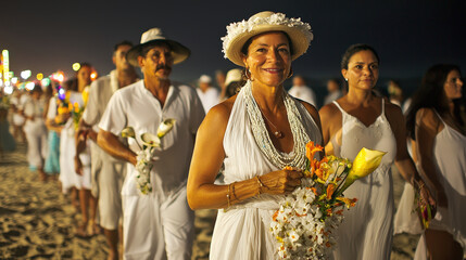 Brazilian New Year Celebration on Copacabana Beach with Flower Offerings for Good Luck