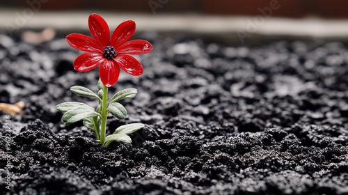 A striking red flower grows boldly from the rich dark soil showcasing natures beauty