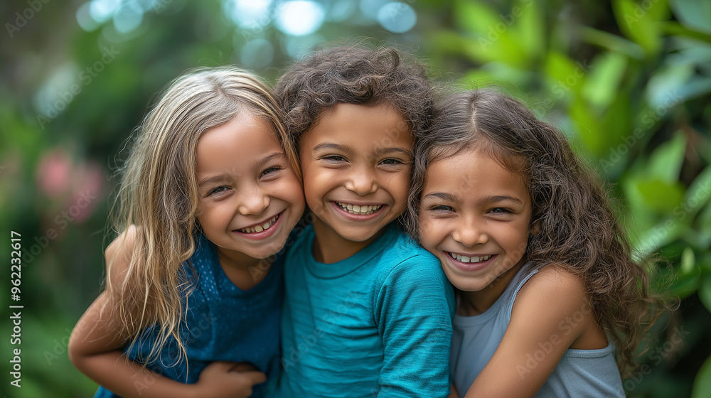 Three smiling young girls hugging outdoors, happy childhood friendship concept, cheerful kids, joyful group portrait, best friends, close bond, outdoor happiness, carefree children Three smiling young girls hugging outdoors, happy childhood friendship concept, cheerful kids, joyful group portrait, best friends, close bond, outdoor happiness, carefree children