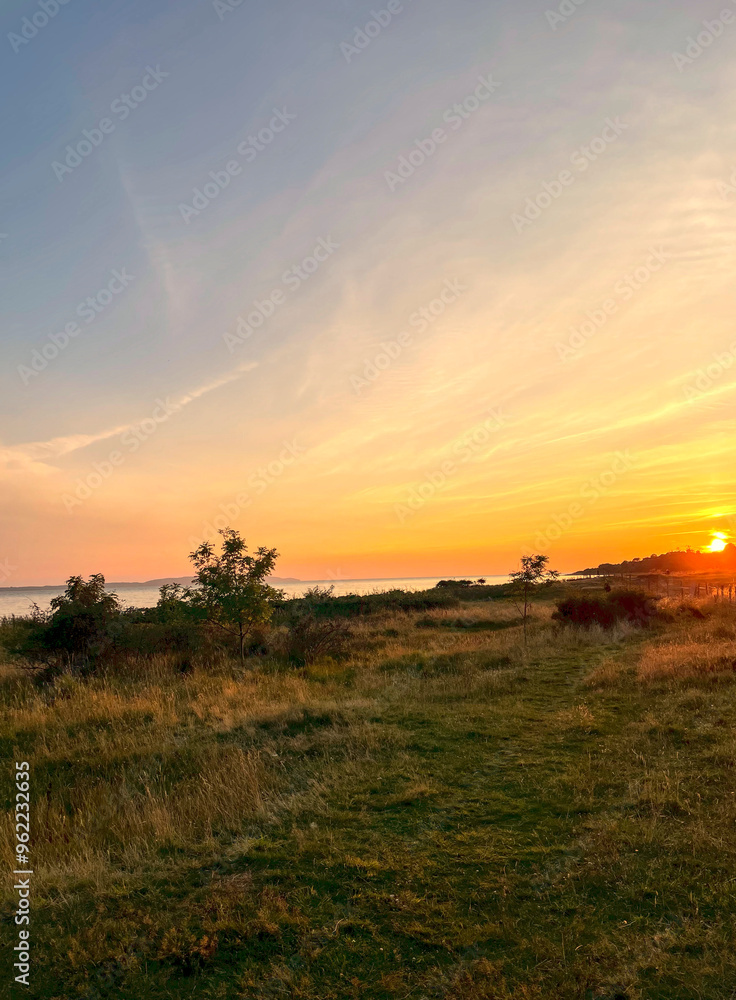 Sunset on field creates warm colors all over the sky