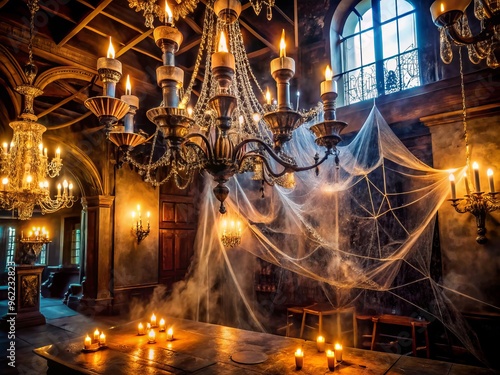 Haunted Mansion Creepy Portraits Cobwebs Dusty Chandeliers Flickering Candles photo