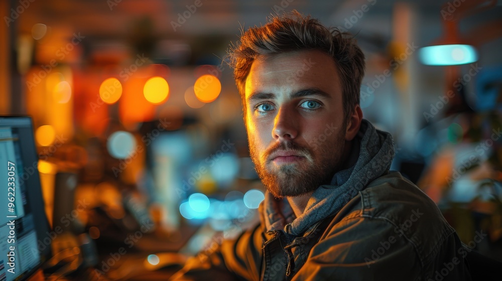 Fototapeta premium Man sitting at a computer desk with a laptop