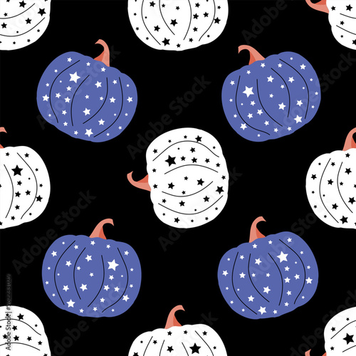 Halloween seamless pattern with blue and white pumpkins with star patterns on a dark background. Ideal for Halloween, autumn decorations, and festive design projects. Vector illustration.	
