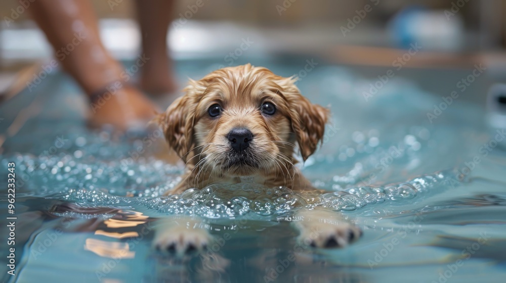 Puppy swimming in a pool with his owner Puppy swimming in a pool with his owner