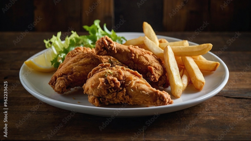 Crispy Fried Chicken and French Fries and salad on white plate Crispy Fried Chicken and French Fries and salad on white plate