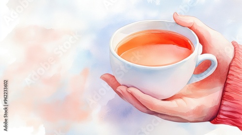 A hand holding a cup of tea with watercolor background, AI