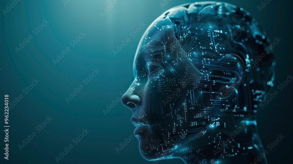 A transparent digital human head with circuitry inside, illuminated by a bright light. A transparent digital human head with circuitry inside, illuminated by a bright light.