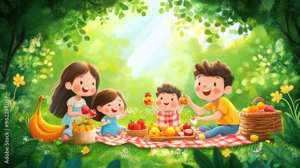 A happy family enjoying a picnic in a park A happy family enjoying a picnic in a park