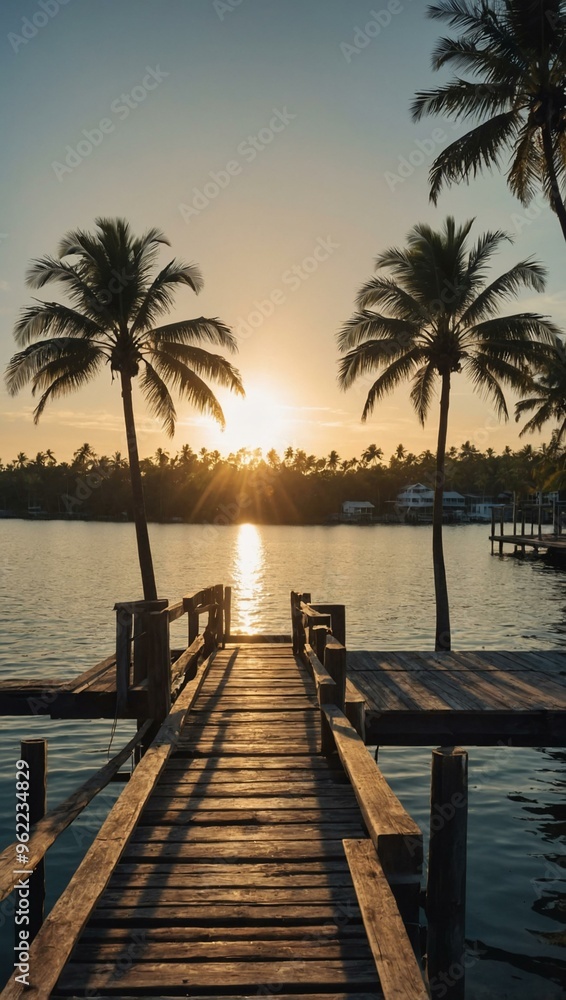 Sunlight gleaming on the horizon, framed by palm trees and a wooden dock. Sunlight gleaming on the horizon, framed by palm trees and a wooden dock.