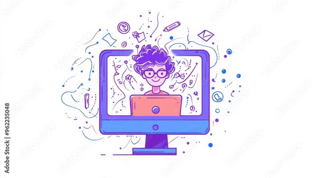 Teacher Coming Out of the Computer Screen, Illustration Teacher Coming Out of the Computer Screen, Illustration
