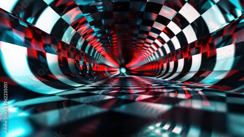 Fototapeta Naklejka Na Ścianę i Meble -  Abstract checkered tunnel with red and blue neon lights.