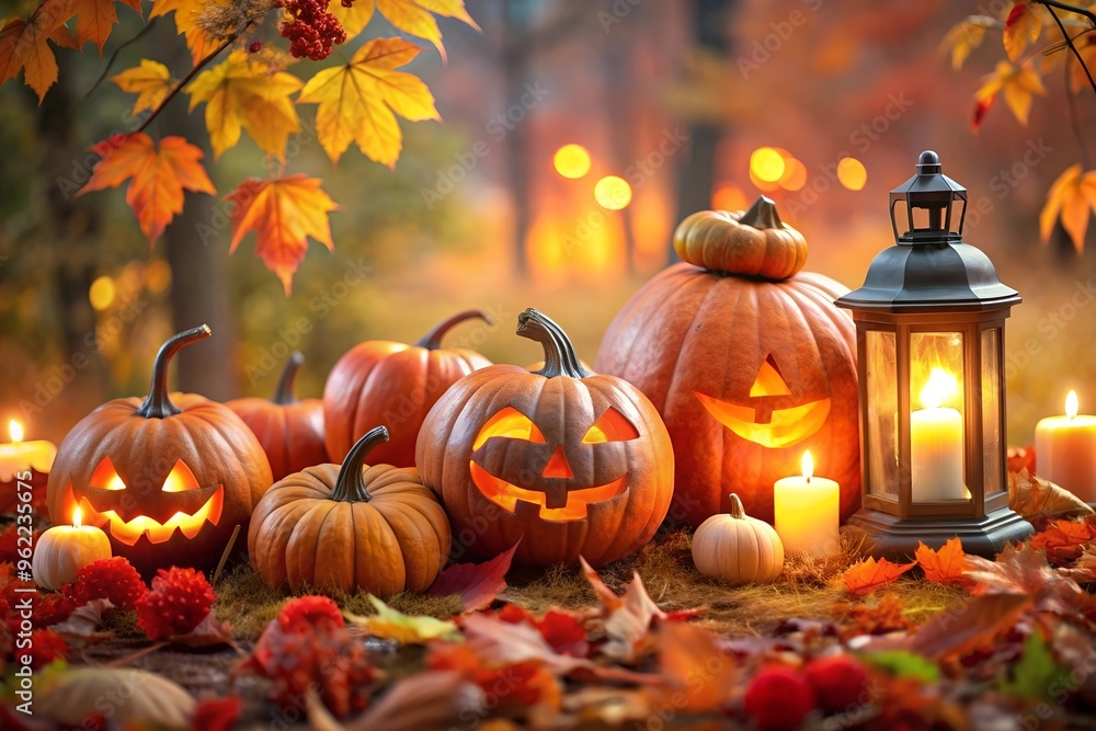 Fototapeta premium Halloween: pumpkins in an orange park. Many different sized jack-o'-lanterns and candles, on the right in the frame is a group of an elongated jack-o'-lantern with a pumpkin headdress and an old lant