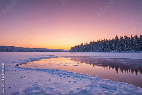 Magical winter sunset over snow-covered forest with frozen lake and falling snow, copy space included