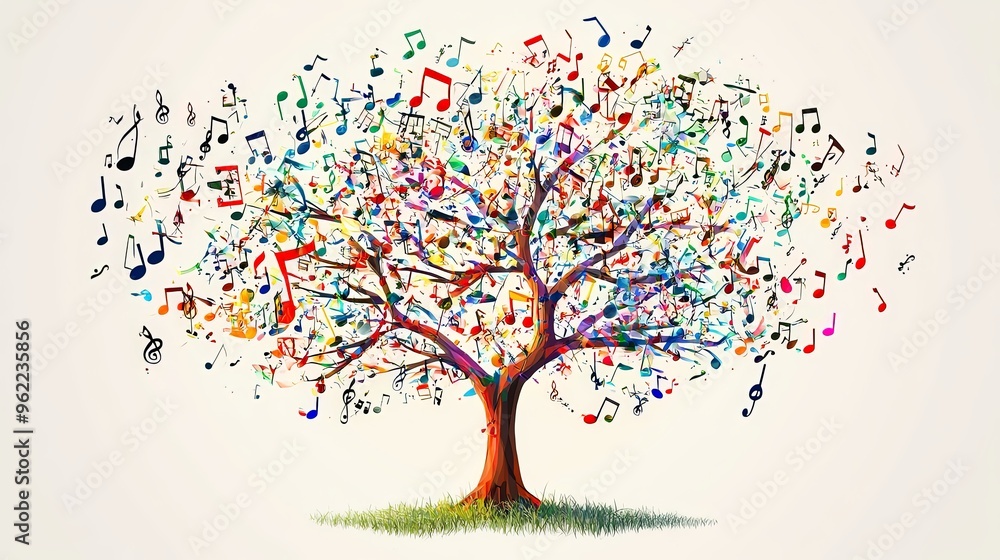 A vibrant tree abundant with colorful leaves that resemble musical notes, situated in a field, representing the fusion and harmony of nature and music in a bright display. A vibrant tree abundant with colorful leaves that resemble musical notes, situated in a field, representing the fusion and harmony of nature and music in a bright display.