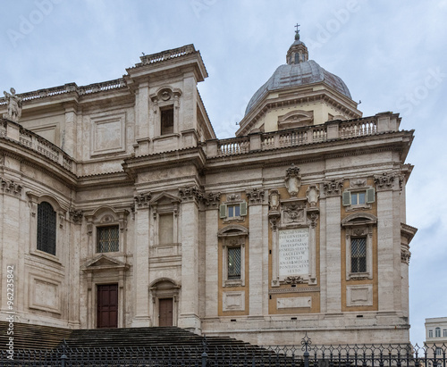 The image showcases the majestic facade of Basilica di Santa Maria Maggiore in Rome, Italy, highlighting its impressive architecture and intricate details.