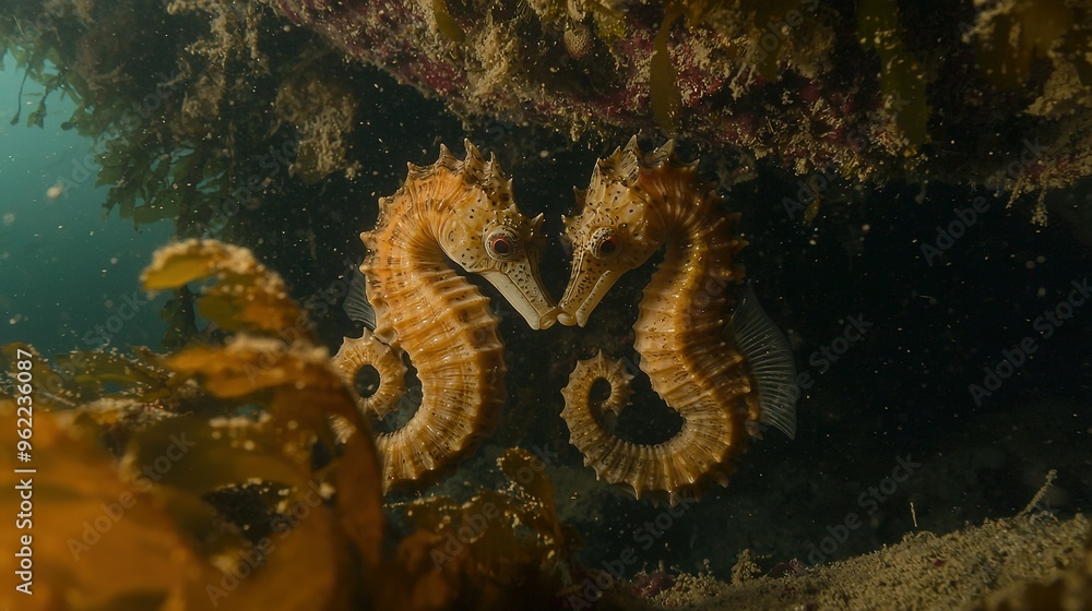 A pair of seahorses rest atop a seaweed-laden ocean floor, bathed in sunlight A pair of seahorses rest atop a seaweed-laden ocean floor, bathed in sunlight