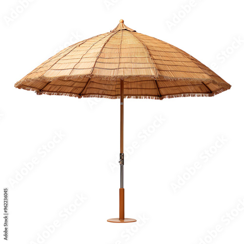 Straw beach umbrella isolated on transparent and white background