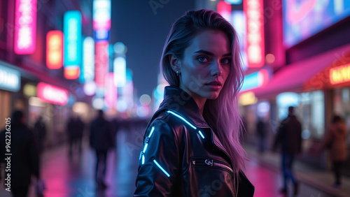 Incredibly beautiful girl in cyberpunk style with Japanese signs on the background. Neon style photo