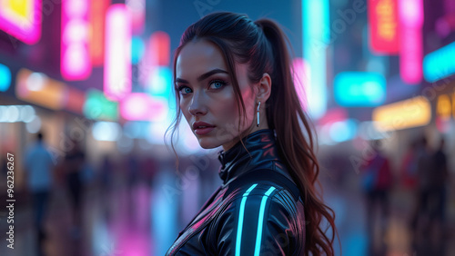 Incredibly beautiful girl in cyberpunk style with Japanese signs on the background. Neon style photo